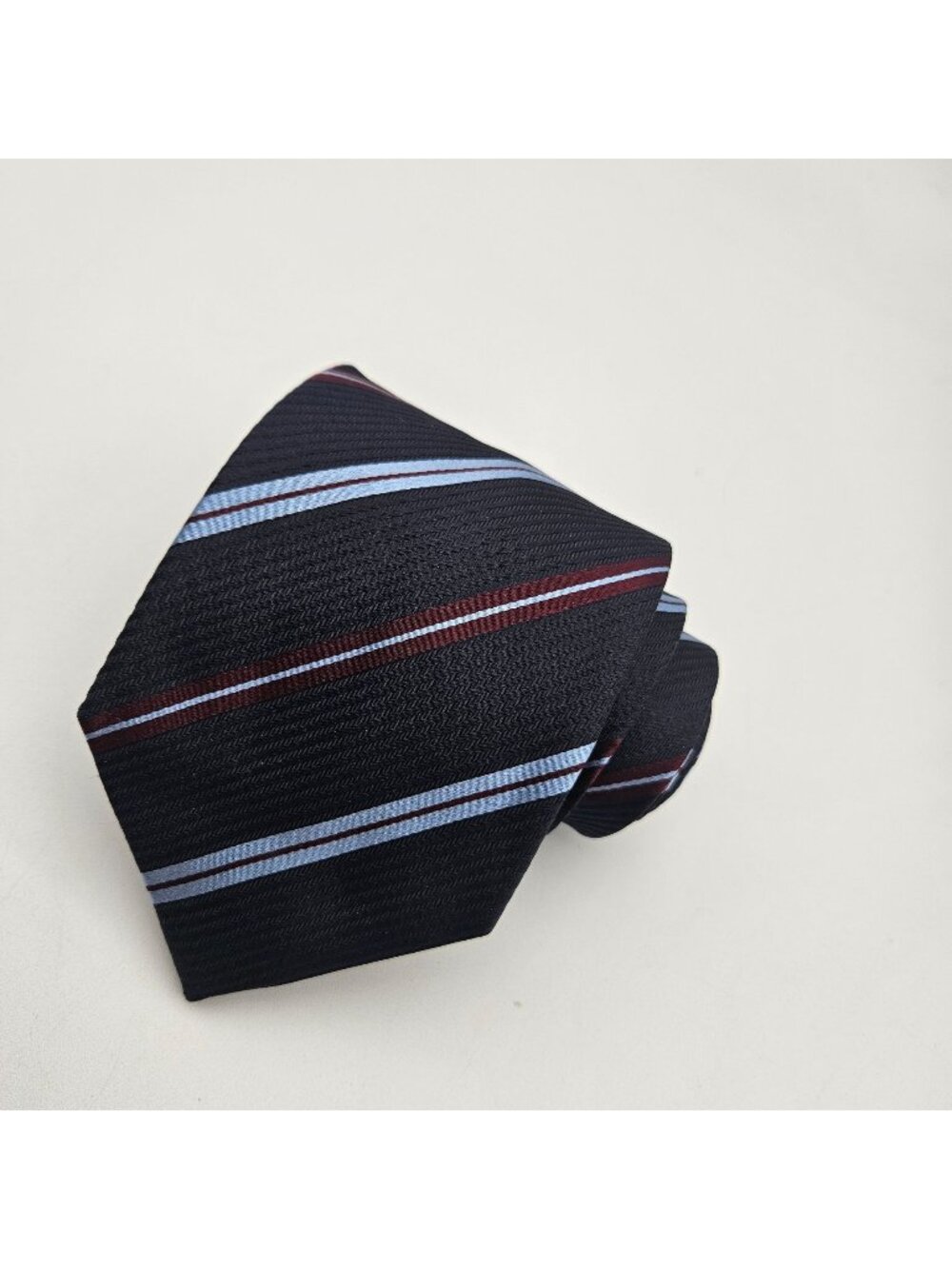Benjamin Sartorial Collection Navy Blue Light Blue Burgundy Stripe 60" Silk Tie